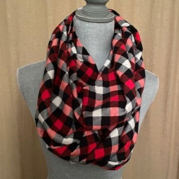 HANDMADE Red Plaid Flannel Infinity Scarf with hidden zip pocket - Picture 3 of 5